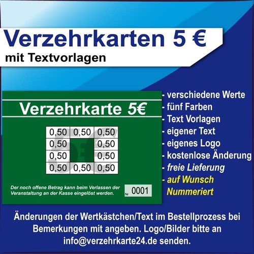 Verzehrkarten 5 EUR mit Textvorlagen